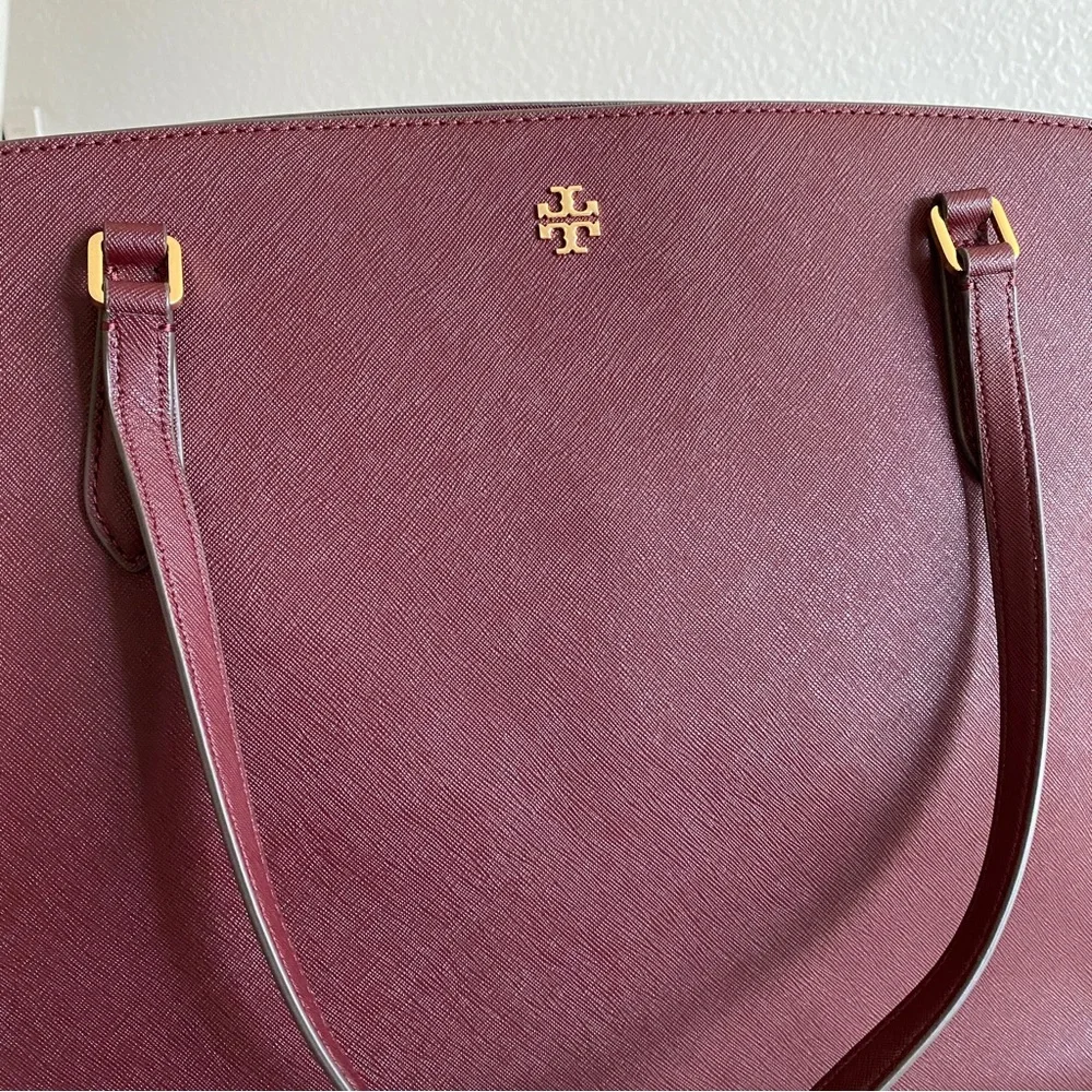 Tory Burch burgundy Saffiano leather Top Zip Tote Bag